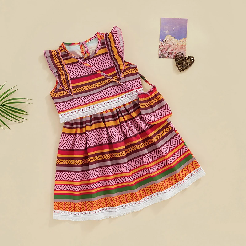 

Kids Girl Summer Outfit Striped Geometric Print Tank Tops and Elastic A-line Skirt Crossbody Bag Set for Toddler Children