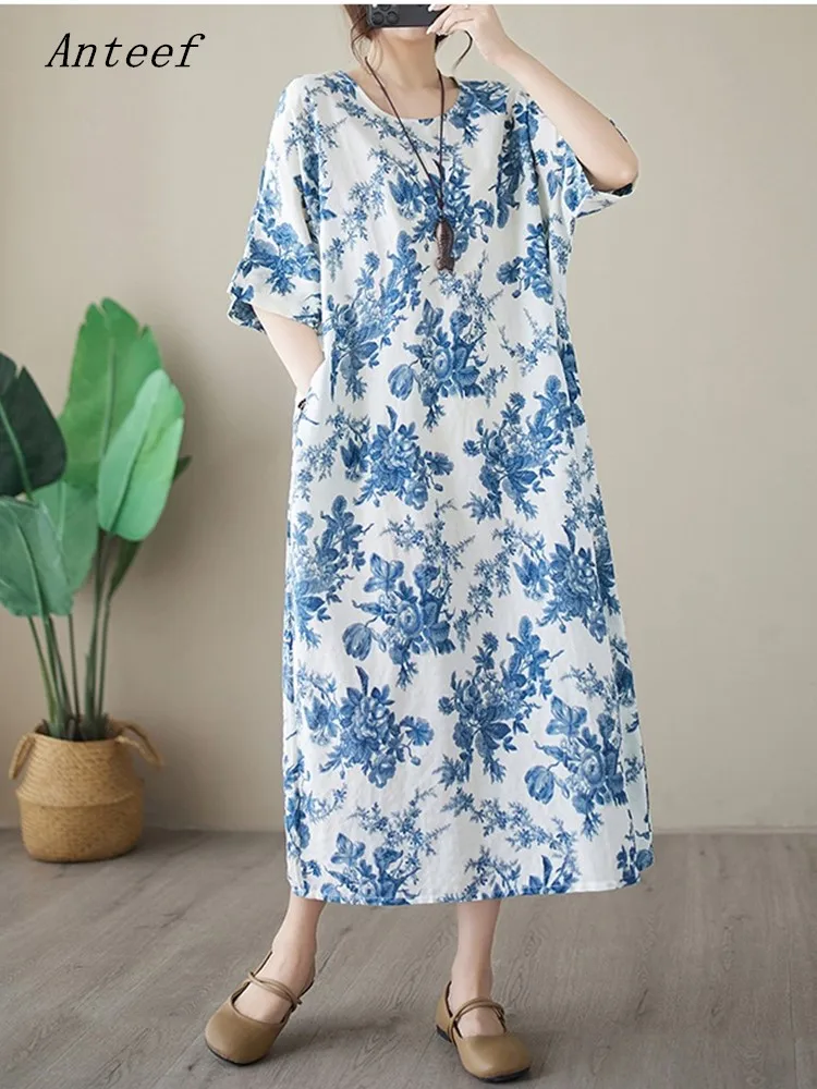

Женское винтажное платье с коротким рукавом, винтажное платье с цветочным принтом, повседневное Свободное длинное летнее платье, элегантная одежда 2023
