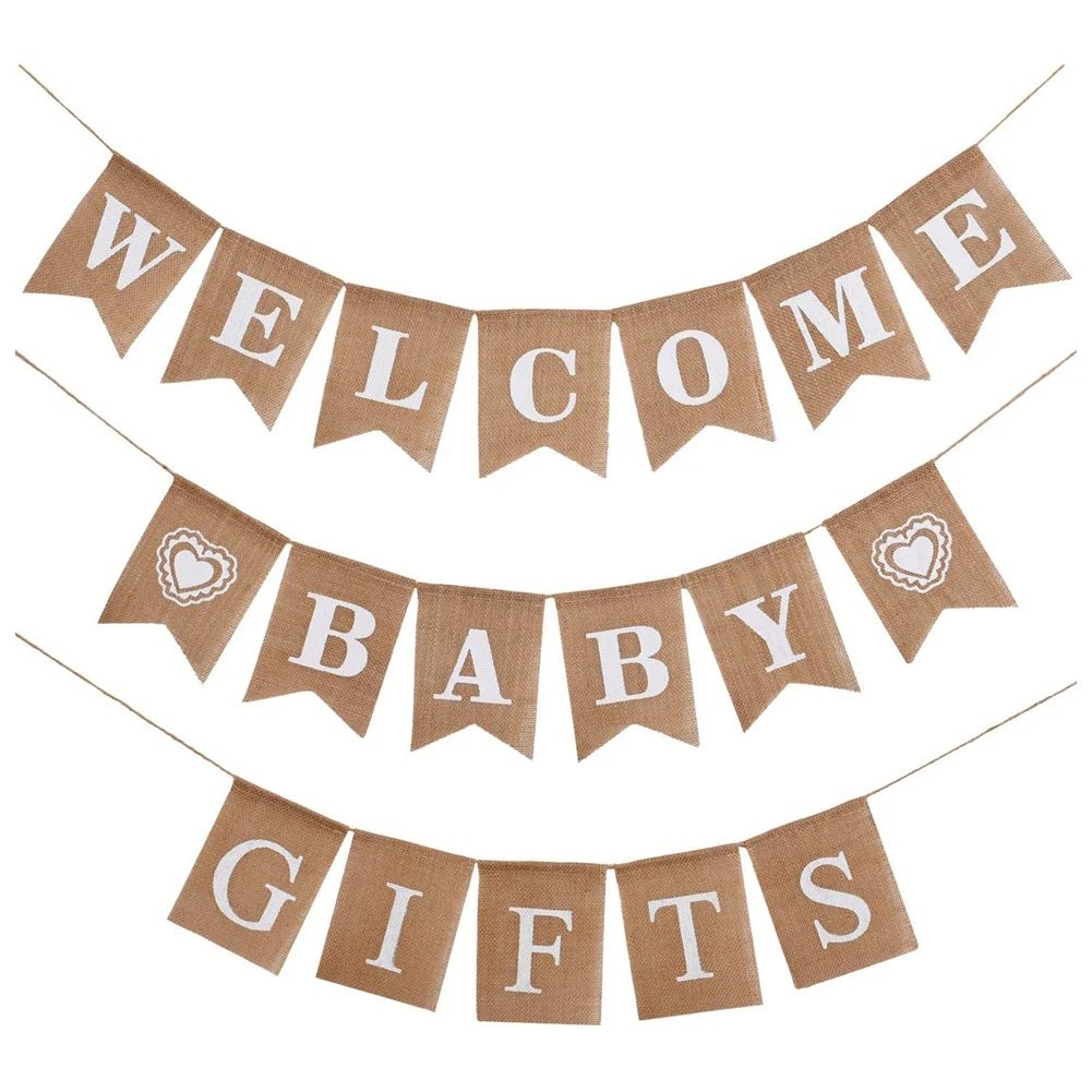 

3 Pieces Welcome Baby Banner Gift Burlap Banner Baby Shower Banner Bunting Garland for Baby Shower Party Ornament Favors