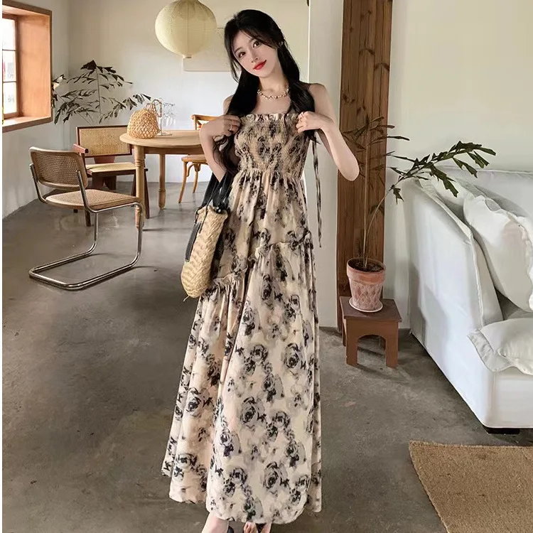 

Summer New Sweet Elegant Halter Dress Slash Neck Floral High Waist Pleats Long Dress Patchwork Holiday Style Dress Boho Dress