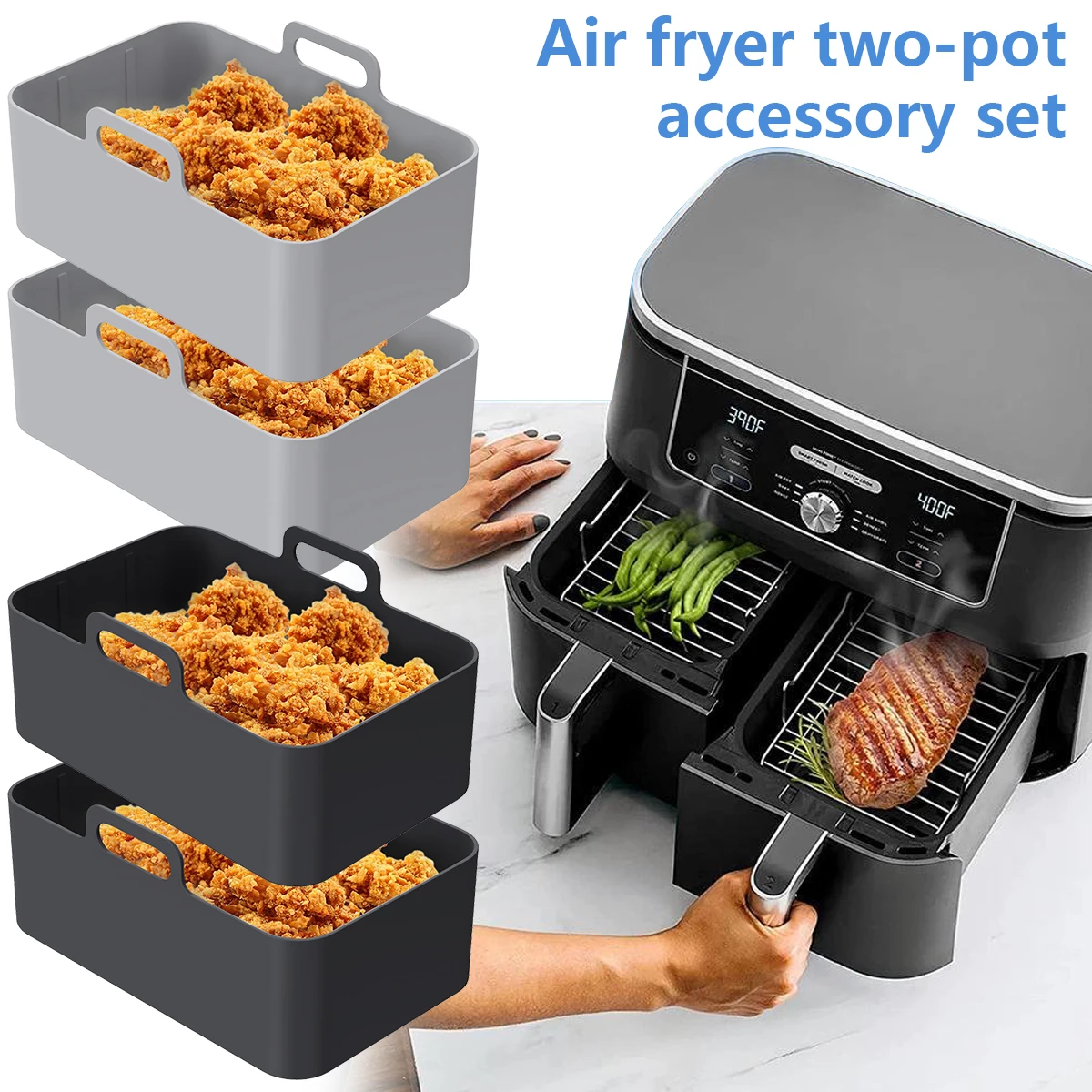 

8Pcs Air Fryer Accessories Set with 2 Air Fryer Silicone Pot and 1 Double Layer Rack with 4 Skewer 1 Steamed Rack Reusable Air