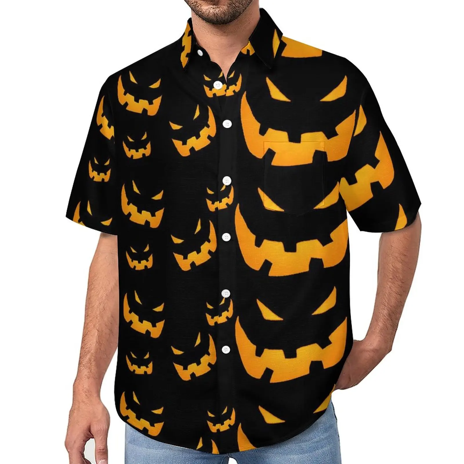 Grinning Pumpkin Blouses Man Halloween Print Casual Shirts Summer Short-Sleeve Design Streetwear Oversized Beach Shirt Gift