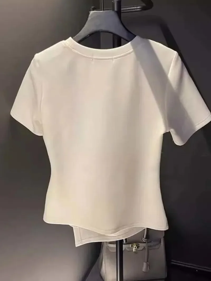 Heart Hollow Ropa Mujer Diamonds Женская одежда Необычная плиссированная Топы с круглым