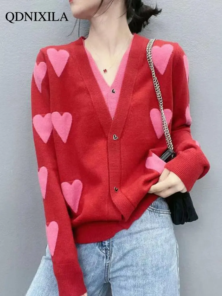 Женский свитер, вязаный кардиган с V-образным вырезом, жаккардовый кардиган с длинными рукавами, корейский модный кардиган для женщин