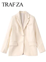 traf za office commuter womens blazer jacket solid beige single button notch lapel long sleeved high quality temperament coat