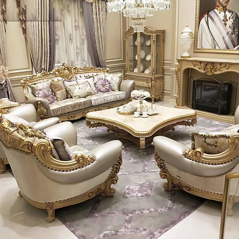 

European-style Luxury Villa Leather Sofa Combination Court First Layer Cowhide Solid Wood Carved Living Room Furniture