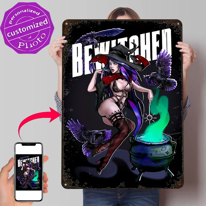 Фото Металлическая 3D-табличка Bewitched Elvira Corvus с индивидуальным текстом, настенный декор из жести для современного домашнего интерьера, украшение для дома №1