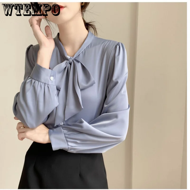 

WTEMPO Women Blouse Bow Long Sleeve White Shirt Solid Color Korean Fashion Office Top Single Breasted Versatile Casual Shirt