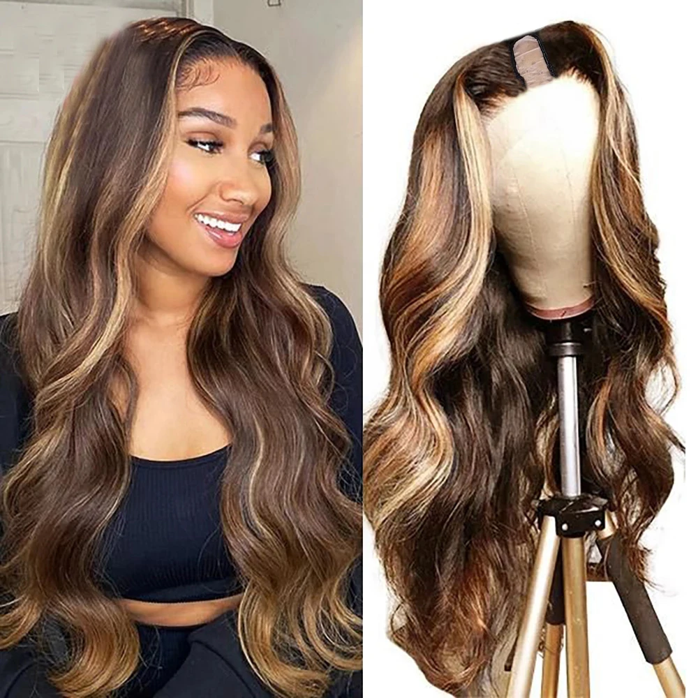 Highlight Blonde V Part Wigs Peruvian Virgin Human Hair Glueless Ombre Dark Brown Wavy U Shape Full 250Density With Straps Combs
