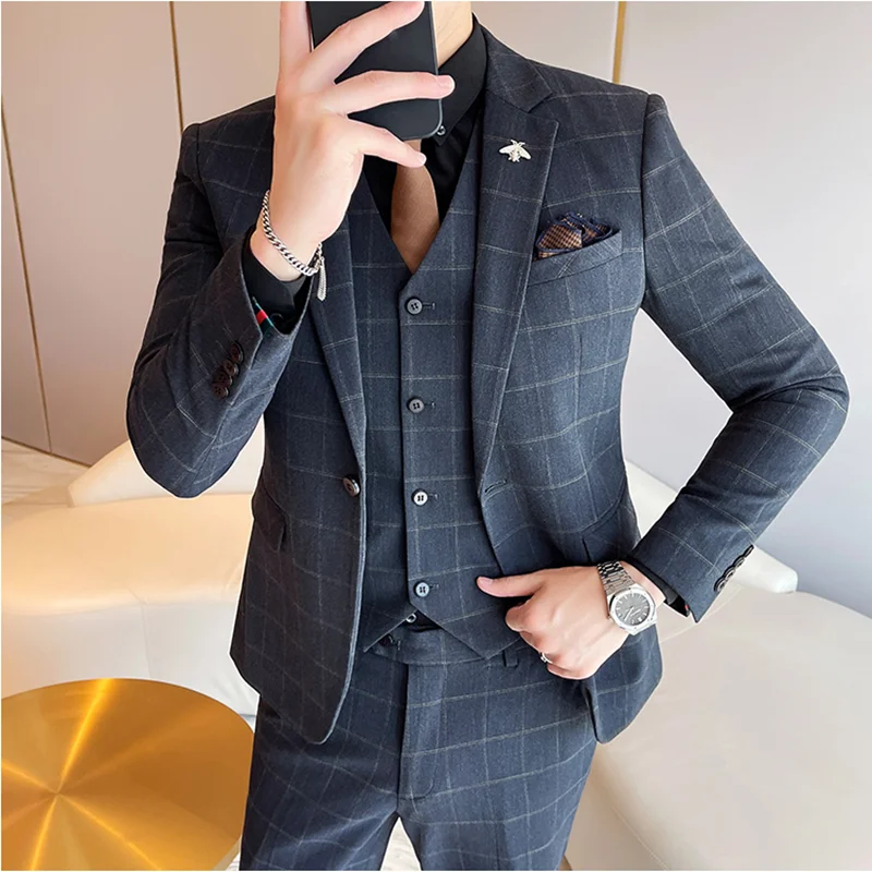 

Boutique (Blazer + Vest + Trousers) Men's Fashion Business Elegant Casual Plaid Is Being Decorated British Style Suit 3piece Set