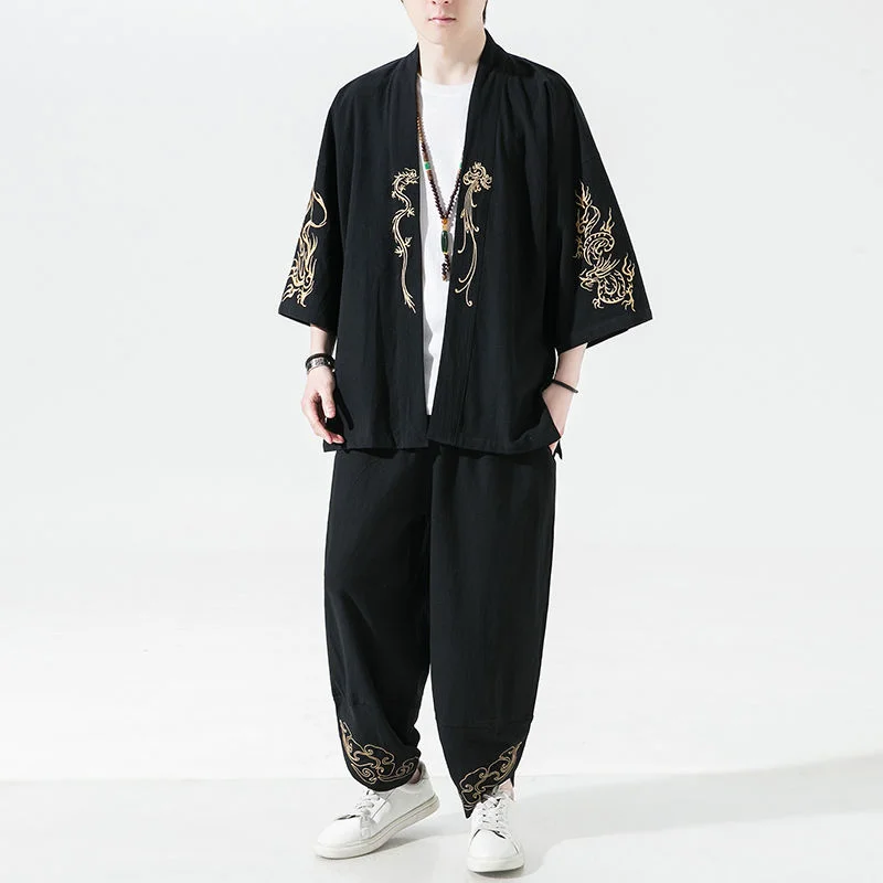 

Костюм MrGB мужской из хлопка и льна с вышивкой, лето 2023, кардиган оверсайз в китайском стиле, брюки с широкими штанинами, мужские повседневные комплекты из двух предметов