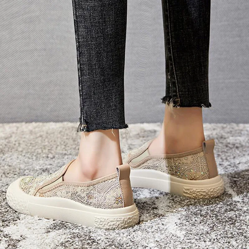 New Summer Rhinestone Fisherman's Shoes Casual Breathable Lace Single Flats Women's Shallow Loafers Khaki Black 6511