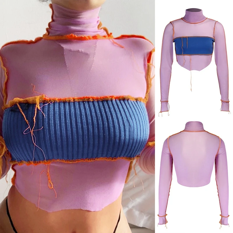 

Женская футболка с длинным рукавом ASDS, летняя пикантная Прозрачная облегающая короткая футболка с высоким воротником и контрастной строчк...