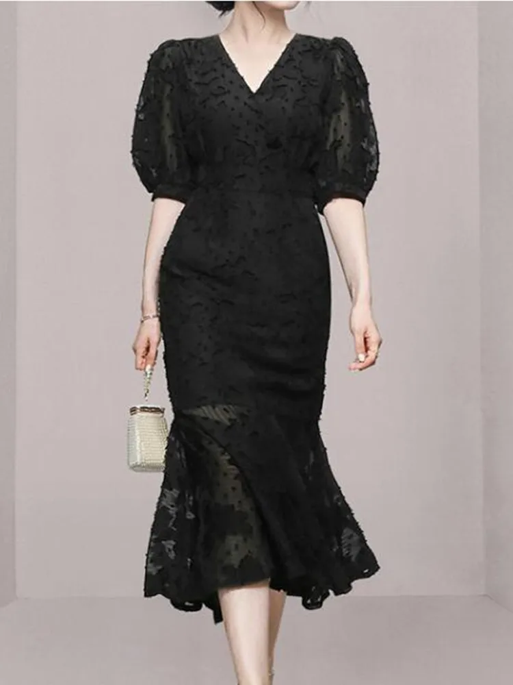 

SMTHMA Korean Elegant V-neck Bow Office Lady Women Dress Puff Sleeve Mermaid Dresses 2022 Sexy Slim Ruffles Dress Vestidos