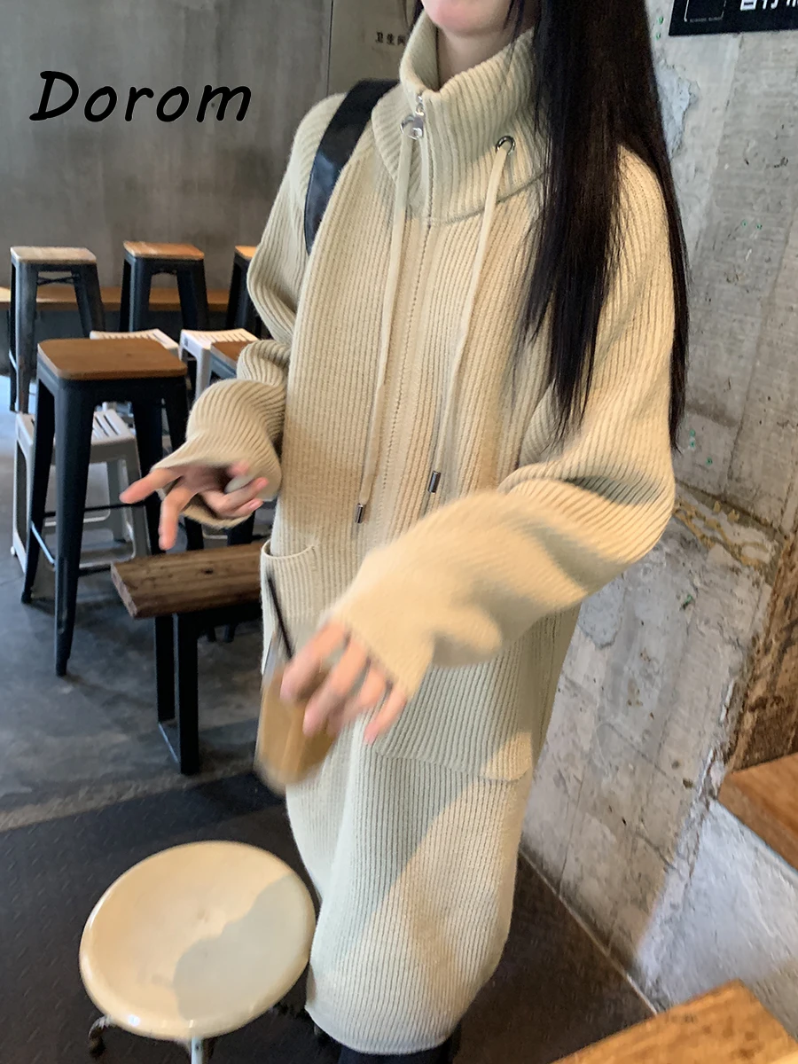 

Women's Zipper Knitted Long Cardigan Autumn Korean Turtlenevk Long Sweater Coat Female Casual Pocket Loose Elegant Knitwear Coat