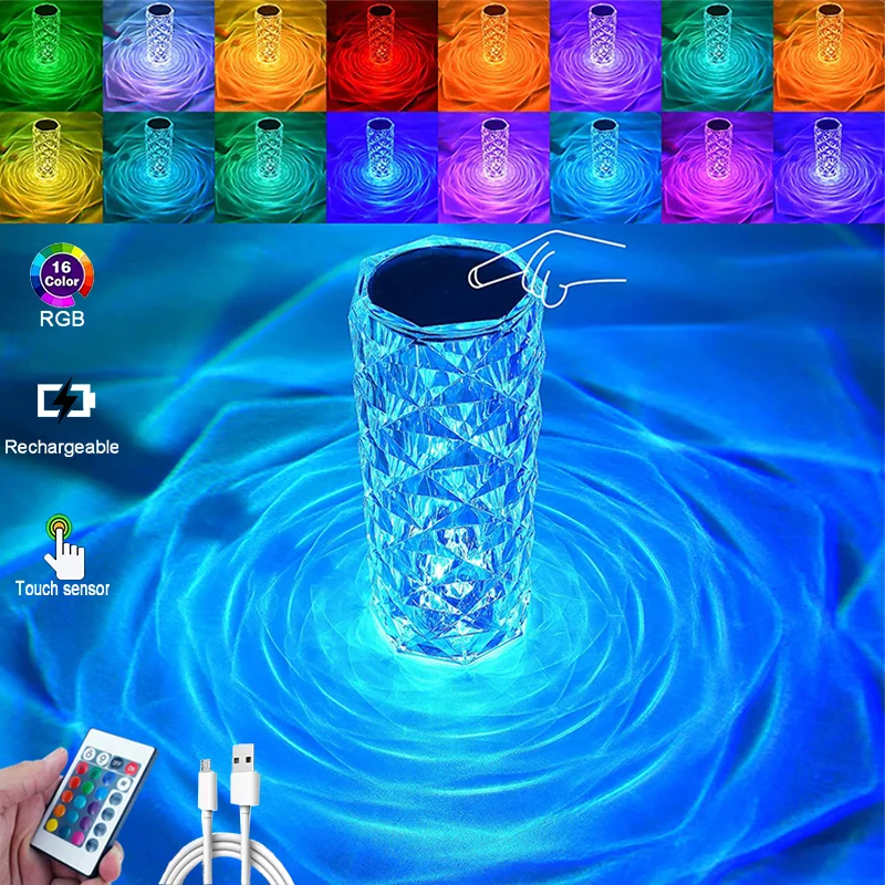 

LED Crystal Table Lamp Rose Light Projecto 3/16 Colors Touch Adjustable Romantic Diamond Atmosphere Light USB Touch Night Light