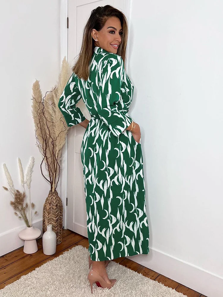 

Casual elegant slim sexy new dress,Spring Autumn Women Casual Long Dress Printed Three-quarter Sleeve Shirt Collar Maxi Dre2023