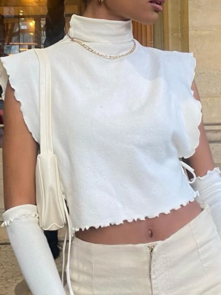 

ArtSu White Knitted T Shirt With Sleeve Sexy Side Hollow Out Lace Up Ruffled Crop Top Elegant Streetwear Summer Solid Tee Lady