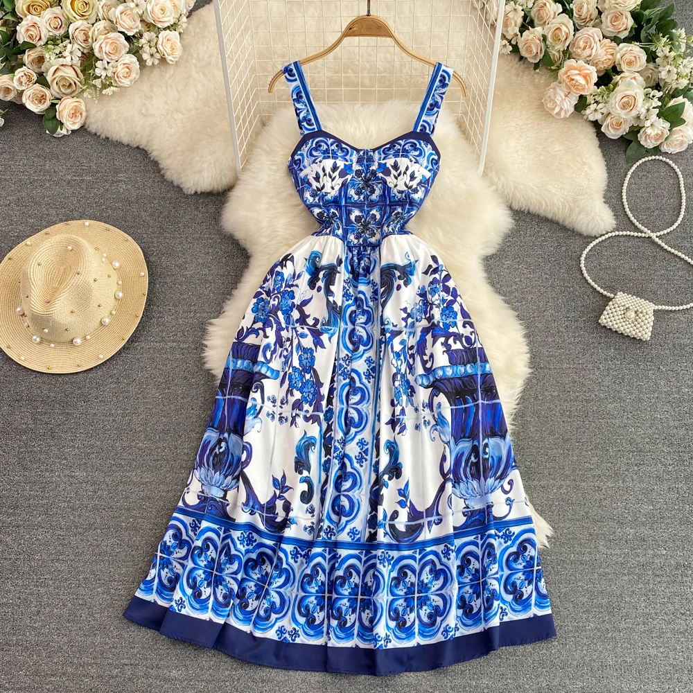 Vintage Style Seaside Holiday Senior Sense Celadon Print Waist Slimming Sleeveless Dress