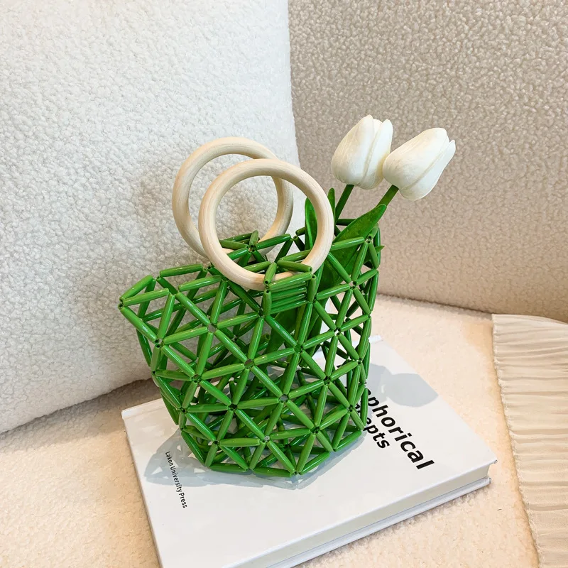 Summer Mini Acrylic Beaded Handbag Bucket Bag with Round Handle Hollow Out Design Girls Small Bag Seaside Beach Bag Sac A Main