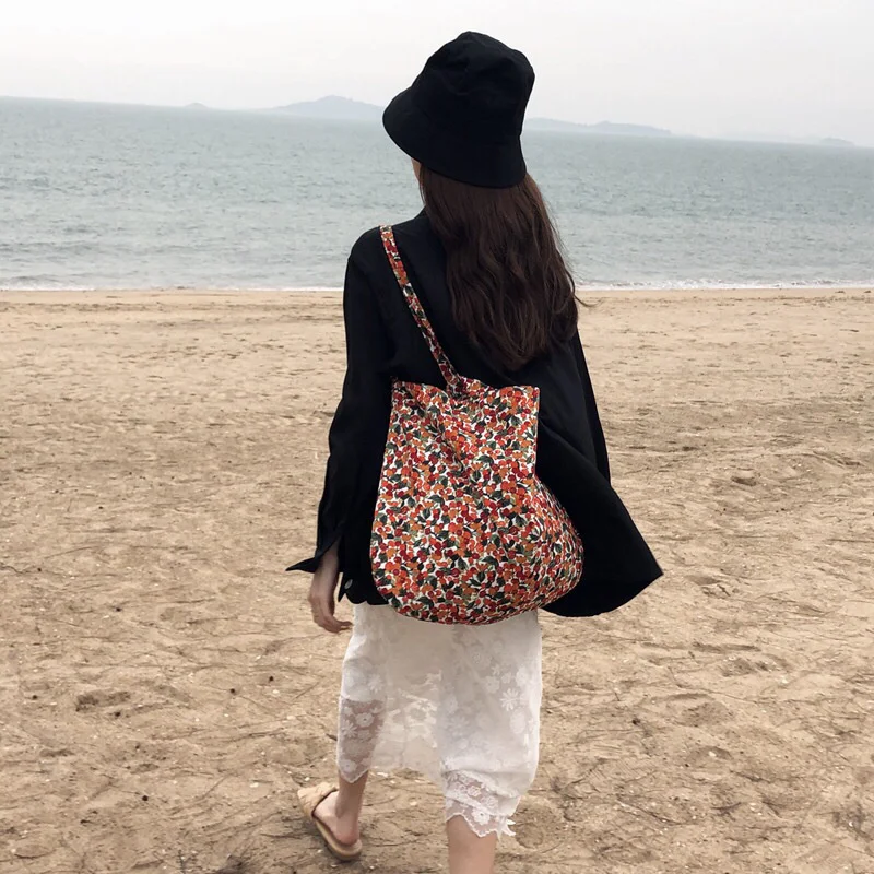 

Large Capacity Canvas Tote for Women Small Floral Pattern Reusable Ladies Shopping Shoulder Bags Girls Student Flower Handbags