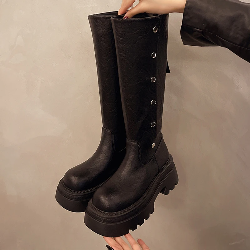 Женские высокие сапоги на платформе кожаные дизайнерские зимние туфли до колена