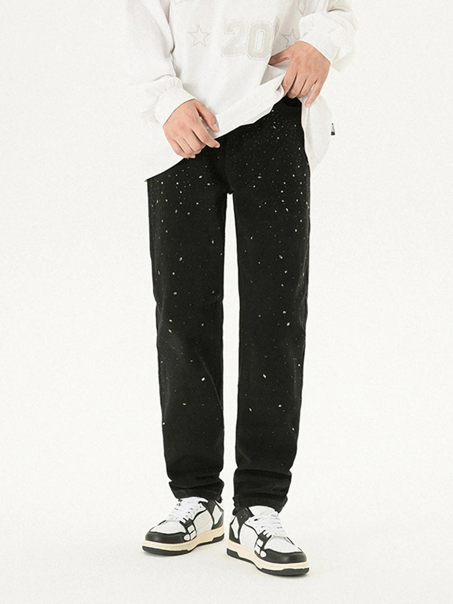 European and American High Street Starry Black Jeans Men Elastic Loose Straight Tube Hot Drill Trousers Fashion Men Ins Hot Sale