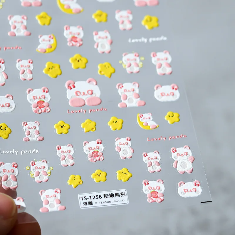 

1 Sheet Pink Panda & Yellow Star Nail Stickers Self-Adhesive Transfer Decals Slider 3D DIY Tips Nail Art Decorations Manicure