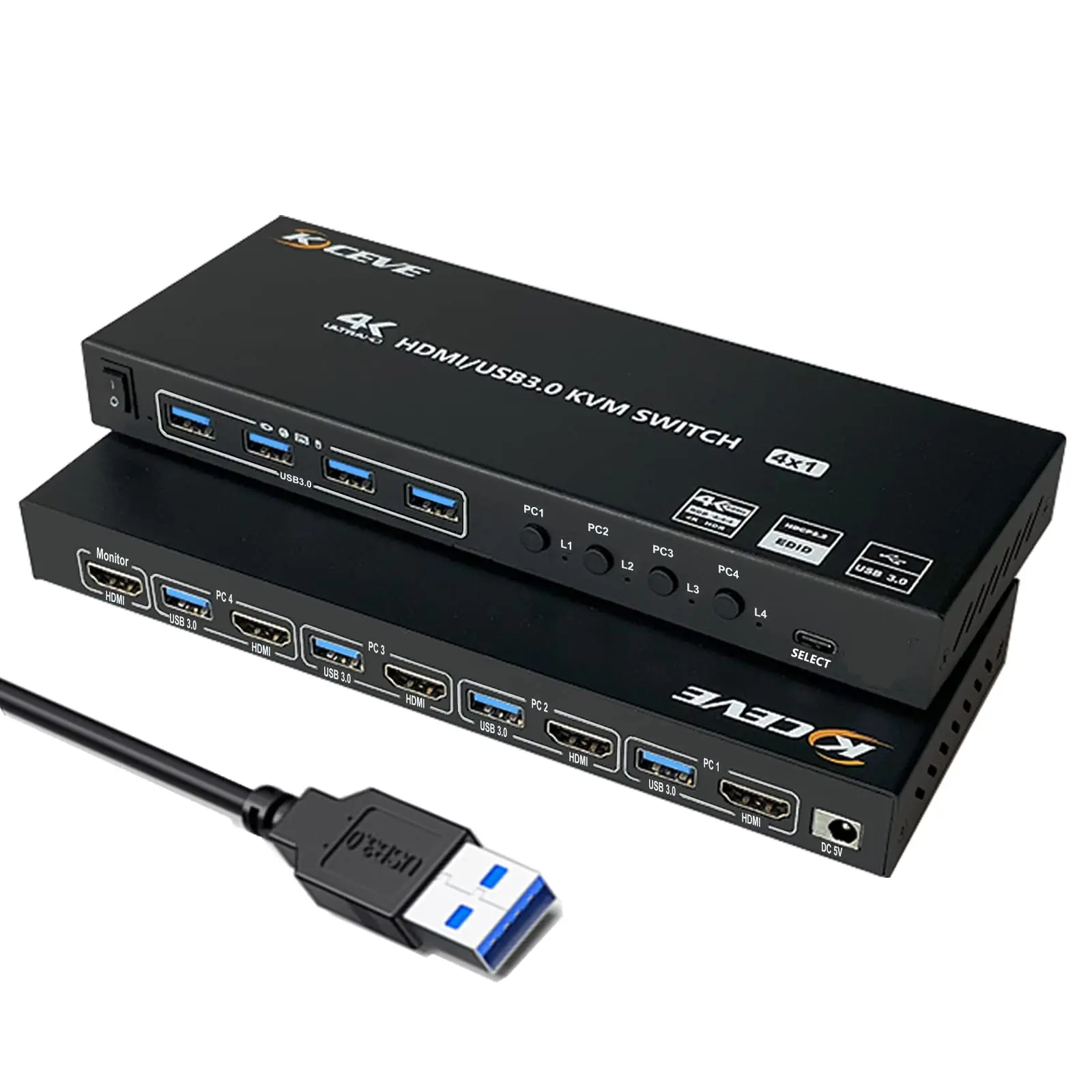 Квм-переключатель USB 3,0, поддержка 4 портов HDMI, стандартный HDR EDID HDMI, USB-переключатель 4 в 1 и 4 порта USB для клавиатуры и мыши