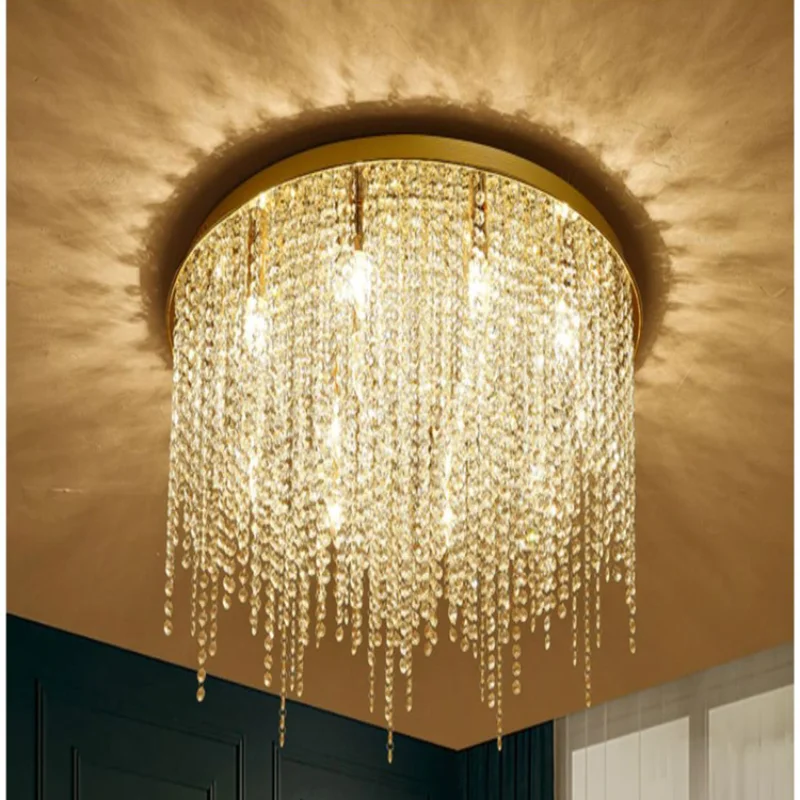 

Luxury Crystal Tassel Gold Steel E14 Led Ceiling Light Modern Living Room Round Mounted Ceiling Lamp Deco Indoor Lighting Lamp