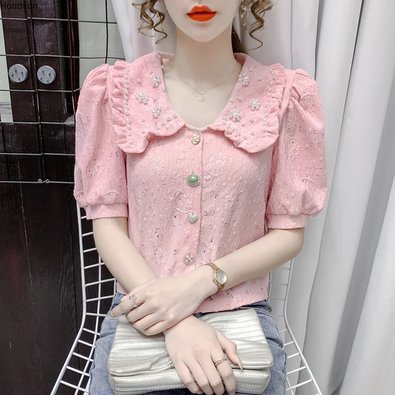 

Chiffon Loose Women's Blouse New Casual Shirt Beaded Fashion Short Sleeve Top Buttons Doll Collar Summer Clothing