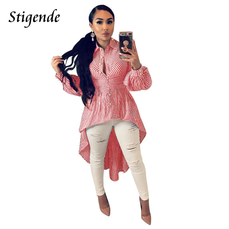 

Casual Striped Print High and Low Shirt Women Fashion Single Breasted Button Blouses Slim Fit Turn Down Collar Irregular Top