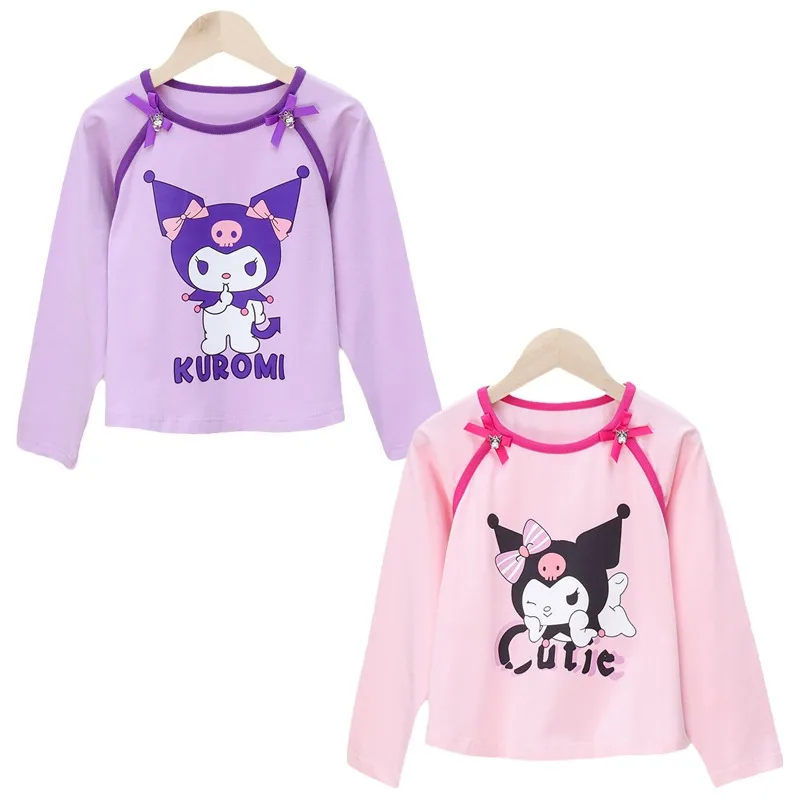 

Cartoon Sanrios Bowknot Kuromi Printed Girls' Cotton Sweet T-shirt Kawaii Fashion Long Sleeved Top Clothing Kids Birthday Gift