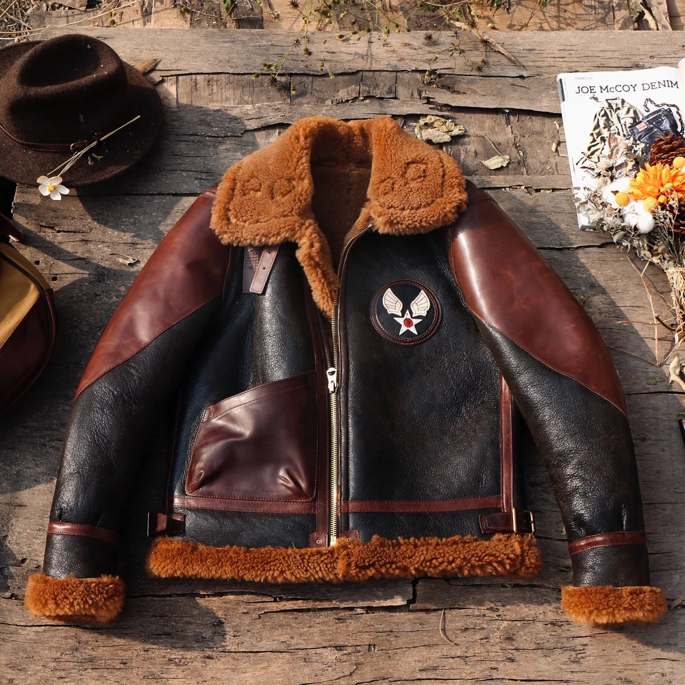 

CDB3-3 European US Size High Quality Super Warm Genuine Sheep Leather With 22oz Denim & Horsehide B3 Shearling Bomber Fur Jacket