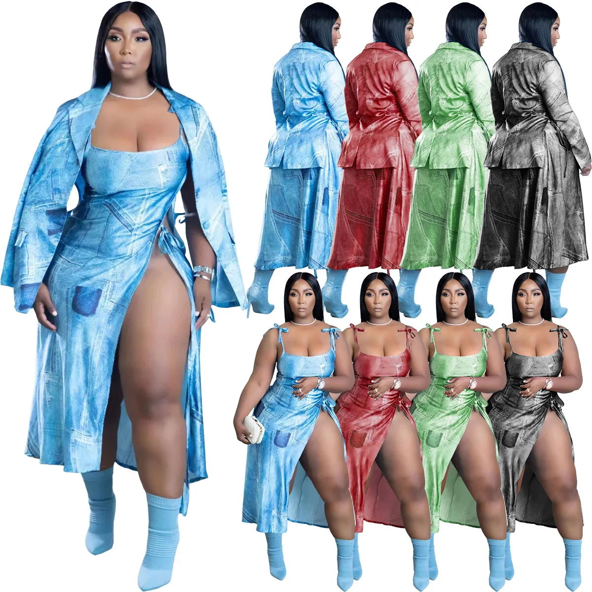 

Sexy High Split Long Dress Sets Women Long Sleeve Blazer Top and Spaghetti Strap Dresses Fashion Printed 2 Piece Club Outfit