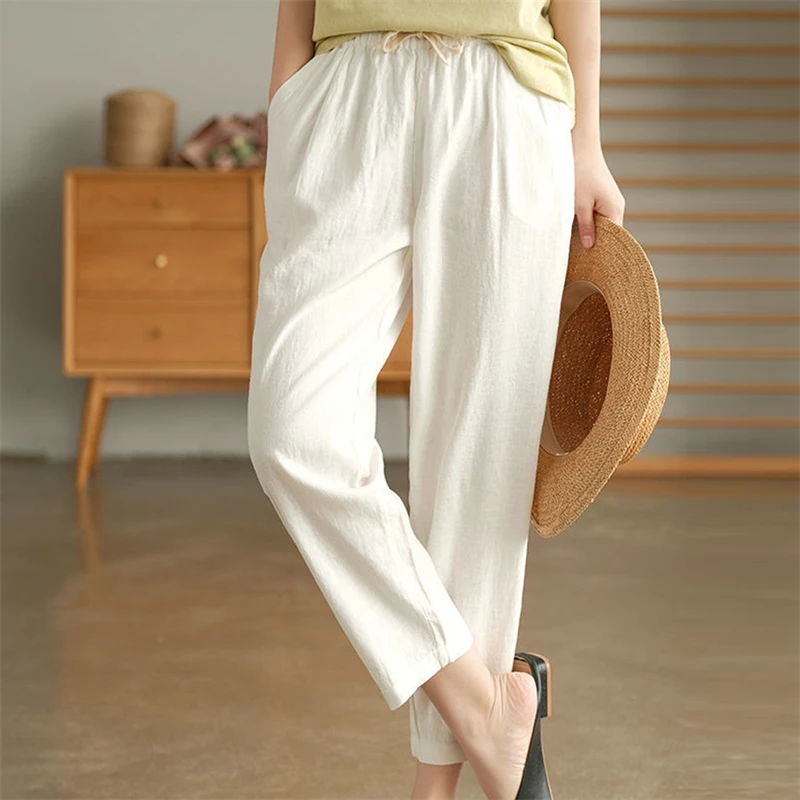 

Women Casual Trousers 2022 Spring Cotton Linen Pants Solid Color Ankle-length Pants Female Lace-up Waist Loose Trousers