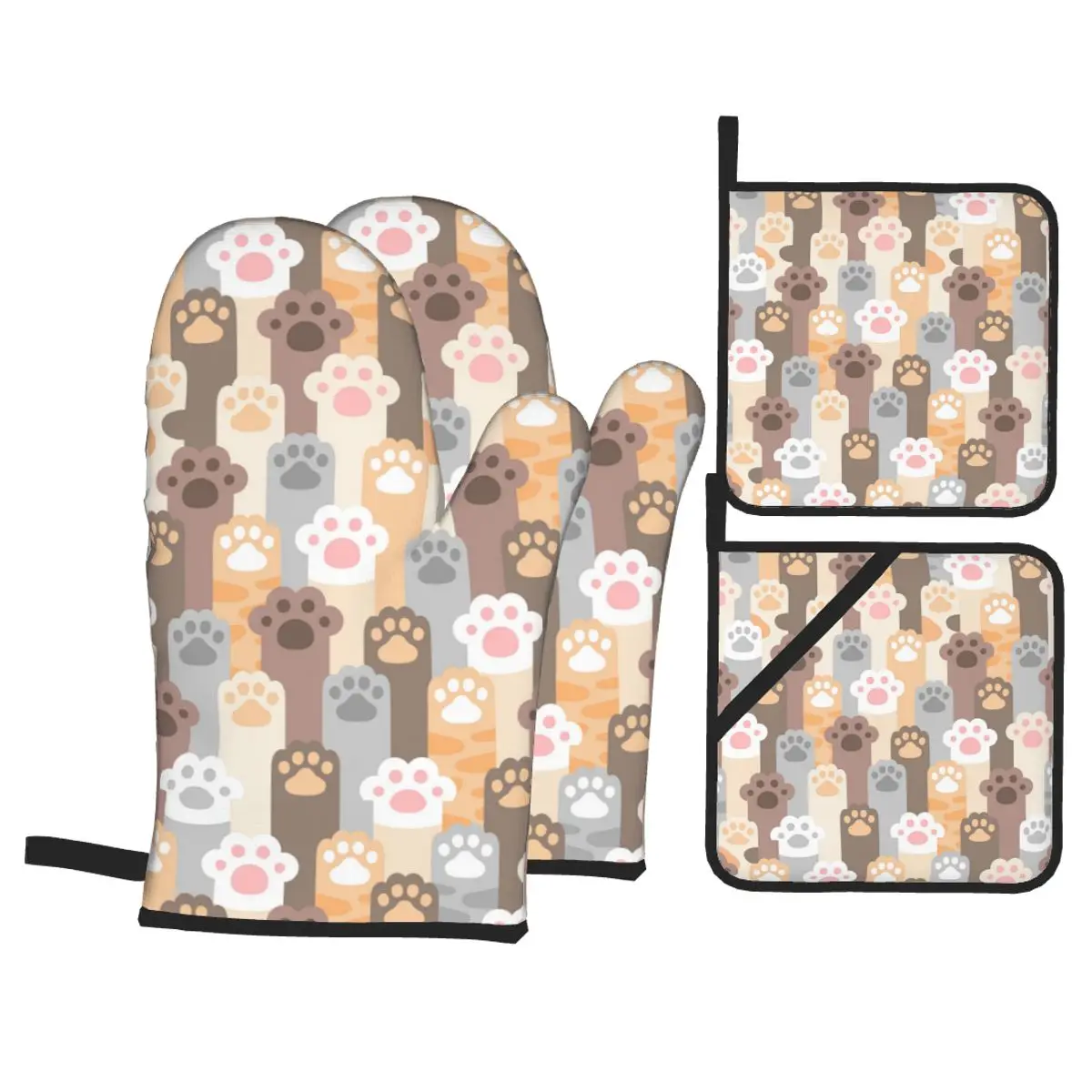 

4 Pieces Polyester Kitchen Cooking Microwave Gloves Cat Paw Footprint Baking BBQ Potholders Oven Mitts