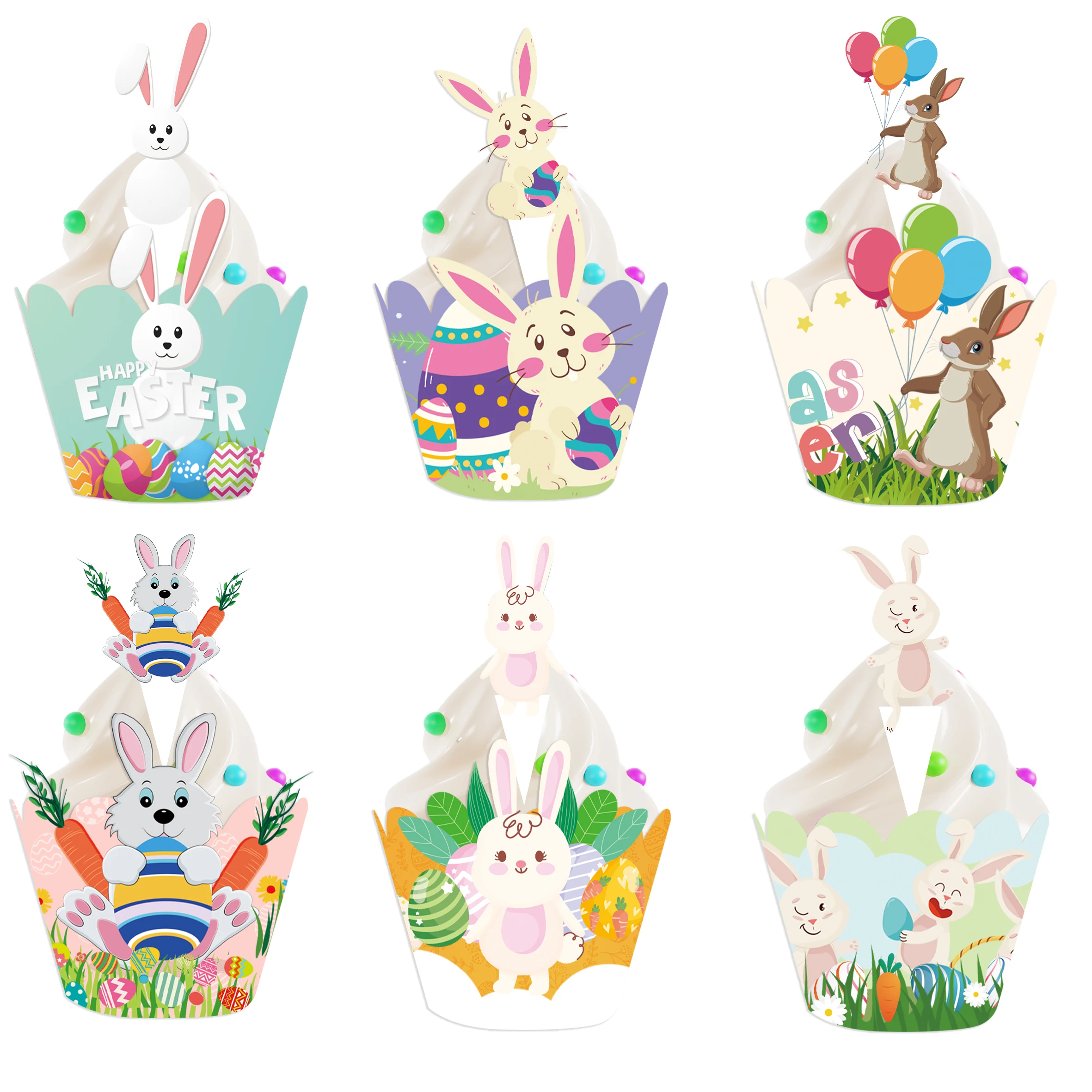 

12set Cute Easter Bunny Cupcake Wrappers Easter eggs Rabbit Carrot Cake Toppers Easter Party Birthday Baking Dessert Decoration