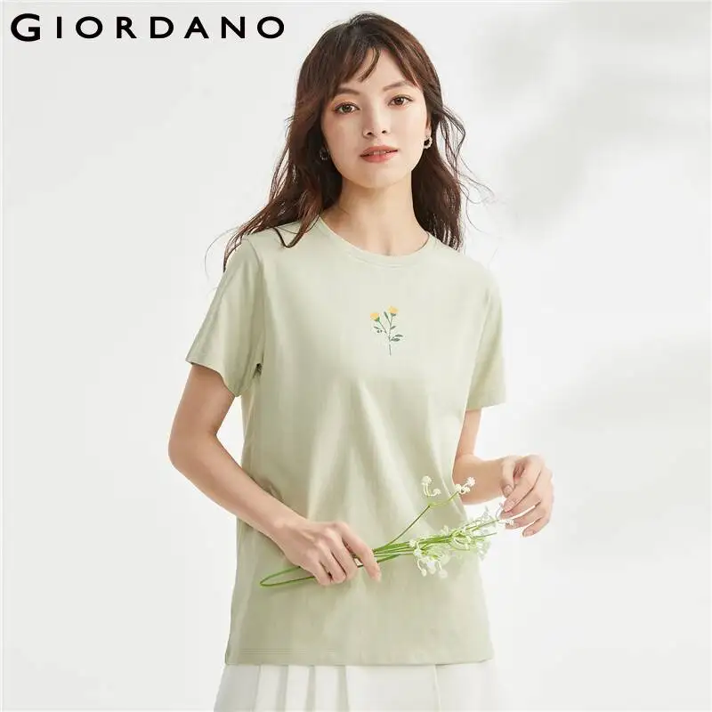 

GIORDANO Women T-Shirts Flower Print Relaxed Summer Cotton Tee Short Sleeve Crewneck Comfort Fashion Casual Tshirts 13323317