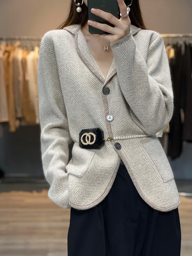 Женский шерстяной костюм из чистого кашемира повседневный вязаный кардиган с