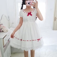 japanese soft girls sweet dress lovely red tape drawing lace splicing pure white dress kawaii girl gothic lolita jsk loli cos