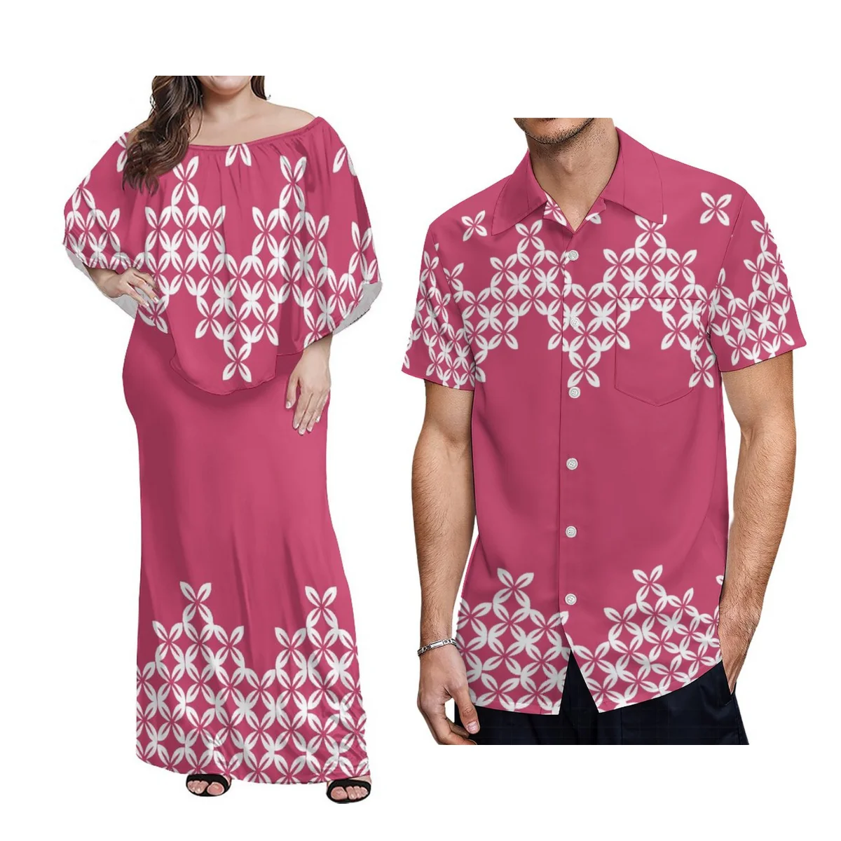 

Парная одежда, распродажа, женское платье с открытыми плечами, полинезийское платье, мужская рубашка из полиэстера с коротким рукавом, розовое Самоа