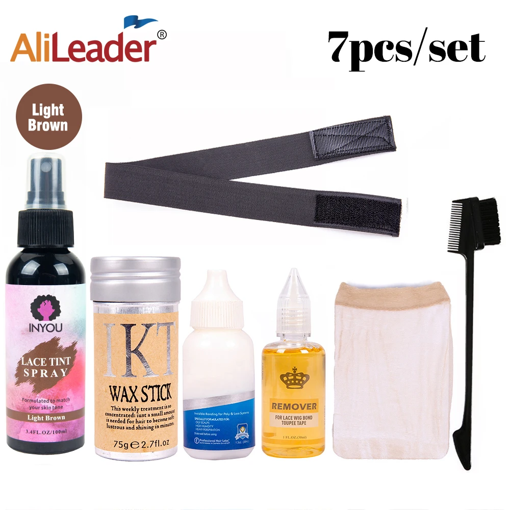 

Lace Tint Spray For Lace Front Wig Glue Waterproof Remover Glue +Hd Wig Cap+Wig Grip Band+ Hair Wax Stick Edge Control 7Pcs/Set