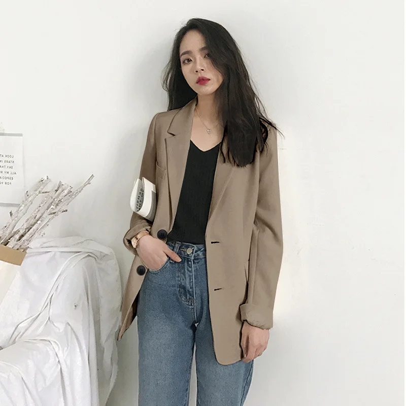 Fashion White Long Sleeve Blazers for Woman Ulzzang Single Breasted Suits Jackets Ladies Solid Loose Office Coats Female Tops