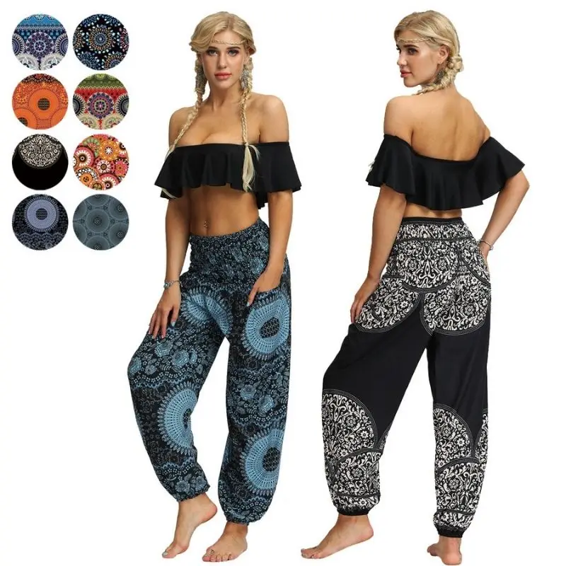 

Женские штаны для йоги с цветочным принтом, Новинка лета 2022, эластичные расклешенные штаны с высокой талией для йоги, штаны для тренажерного...