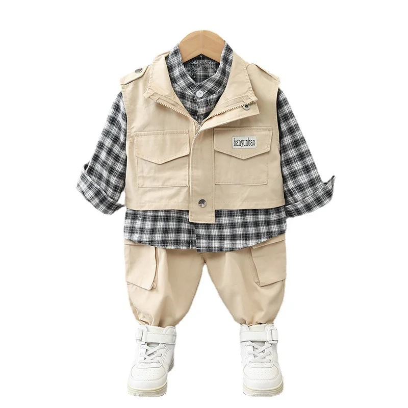 

Новый весенне-осенний костюм для маленьких мальчиков, детская клетчатая рубашка, жилет и брюки, 3 шт./компл., повседневный костюм для малышей,...