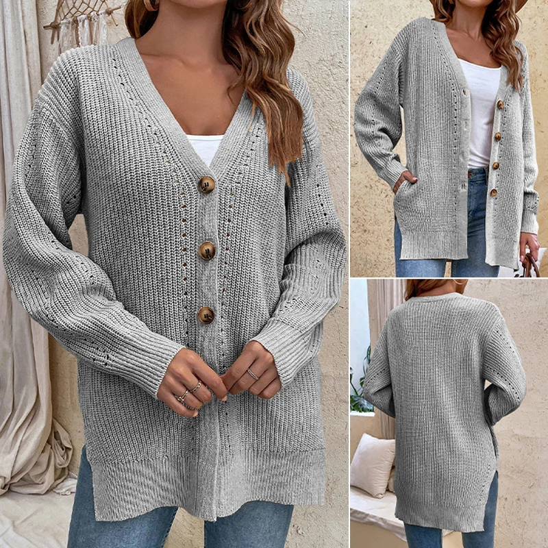 

Women's Cardigan Knitted Sweater Korean Fashion Solid Color Long Sleeve V Neck Casual Loose Coat Female Clothing Autumn Winter