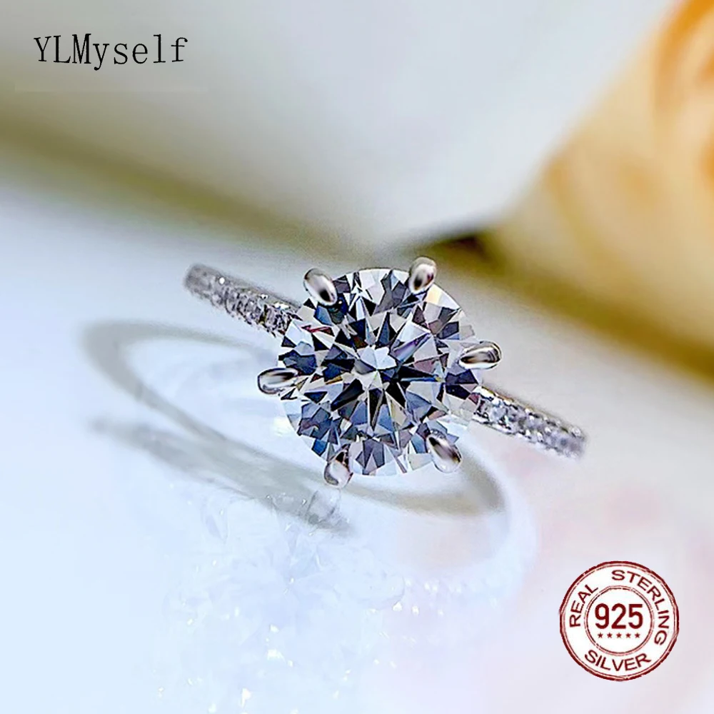 

Real Solid 925 Silver Engagement Ring 6 Claws Pave 6.5 mm 1 Carat Sparkly Round Zircon Fine Jewelry Women
