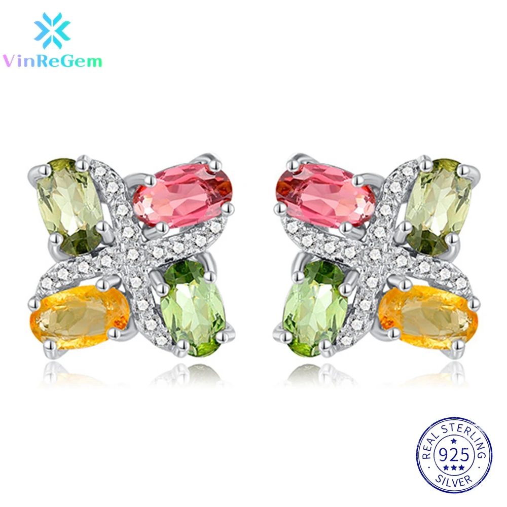 

Vinregem 925 Sterling Silver Aquamarine Peridot Ruby Citrine Simulated Moissanite Studs Earrings for Women Gifts Drop Shipping