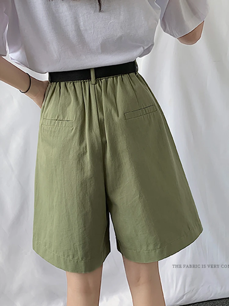 DFRCAEG 2023 Summer Bermuda Shorts For Women High Elastic Waist Wide Leg Loose Suit Pants Free Belt Casual Half Pants Femme